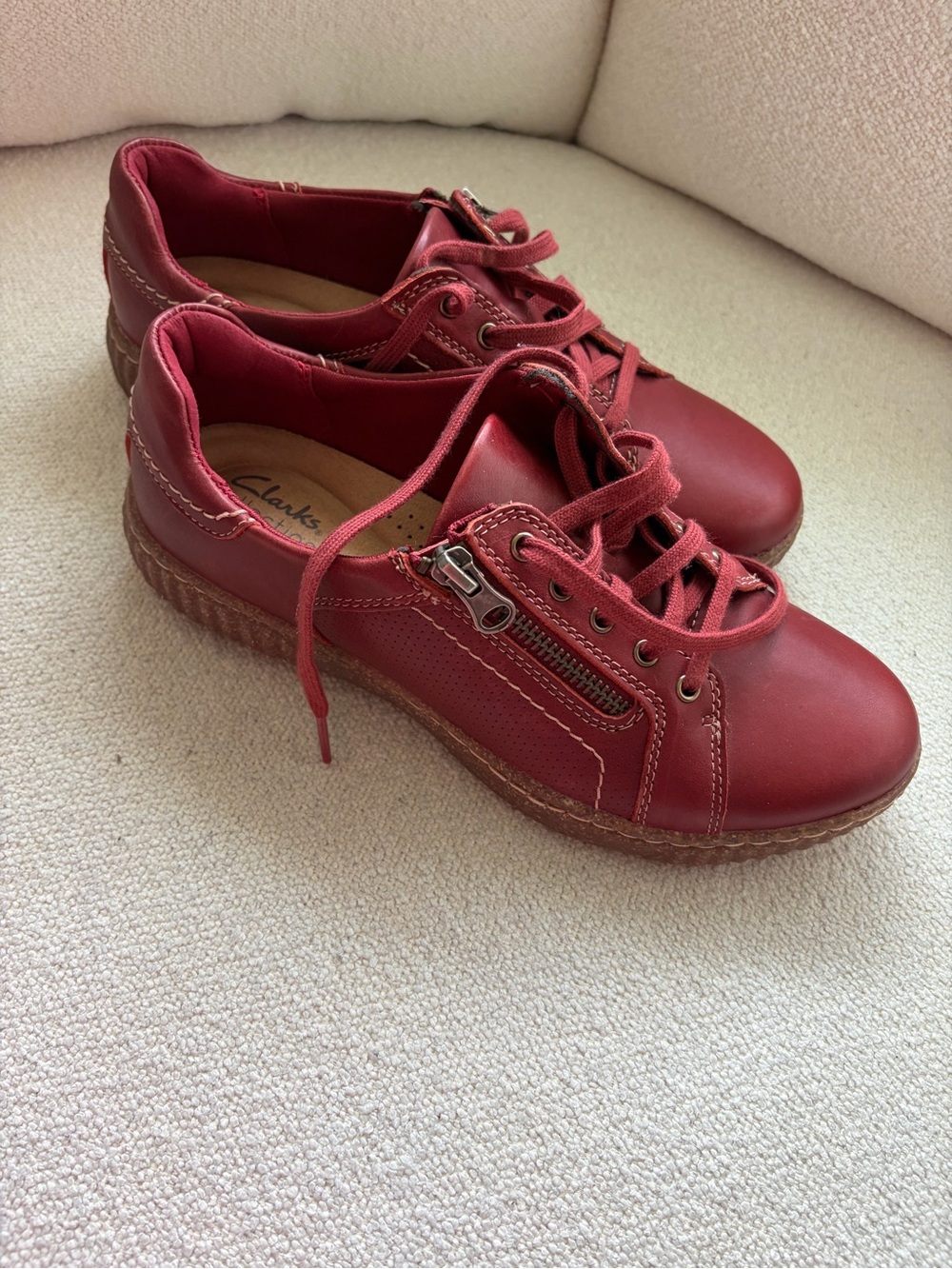 Clarks Women's Red Leather Lace-Up Sneakers with Side Zip Accent